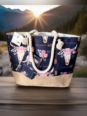 Alfa Bags Navy Western Arrow & Blossom Longhorn Tote Bag Rope Handles Burlap Btm